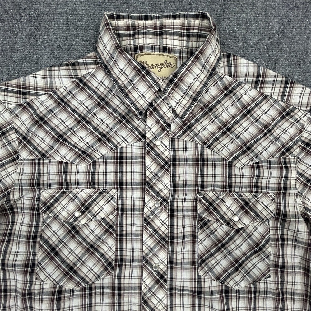 Wrangler Western Shirt Men's L Brown Plaid Pearl Snap Short Sleeve Cowboy